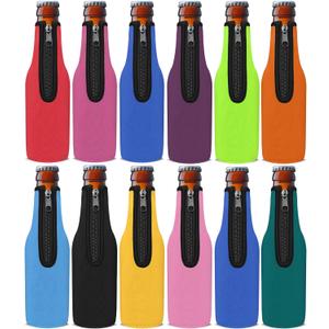Beer Bottle Cooler Sleeves, Standard Zip-up Extra Thick Neoprene Insulated Sleeve-Keep Beer Cold and Hands Warm, Non-slip 12 OZ Longneck Bottle Holder with Bottle Opener (Multicolor, 12 Pack)