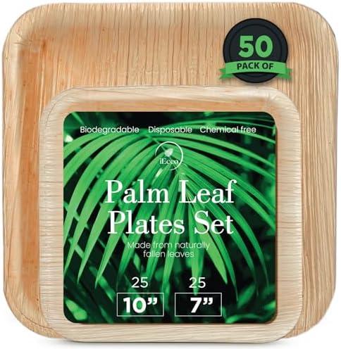 iEcco Palm Leaf Plates 50 Pack - 10 Inch & 7 Inch Bulk Party Bamboo Paper Plates Disposable - Eco-Friendly Compostable, Biodegradable Bamboo Dinner Plate - Sturdy Palm Plate
