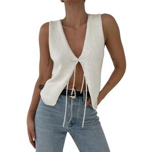 Women Crochet Knit Vest Top Y2k V Neck Sleeveless Vintage Hollow Out Crop Tops Summer Casual Streetwear (White, M)