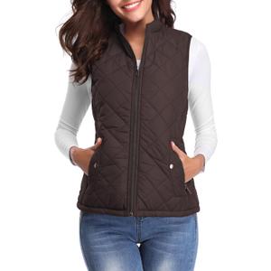 Fuinloth Women's Lightweight Warm Puffer Quilted Vest - 4-Pockets Stand Collar Zip Gilet, Fall Winter Outerwear (Black)