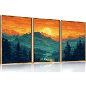 HOURIA Large Sunrise Mountain Forest Landscape Framed Canvas Wall Art Set, Orange Sky Green Ridge Wall Decor, Nature Pine Tree Artwork, Boho Watercolor Art Print for Living Room, Bedroom- 16"x24"x3