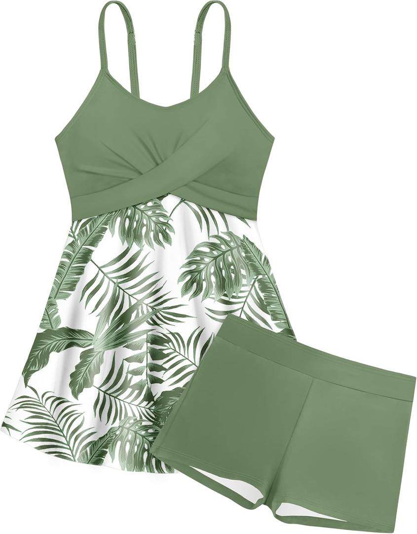 Girls Swimsuits Criss Cross Tropical Print Mesh Dress Bathing Suits with Shorts 2 Piece Tankini for Teens (11-12 Years, Green)