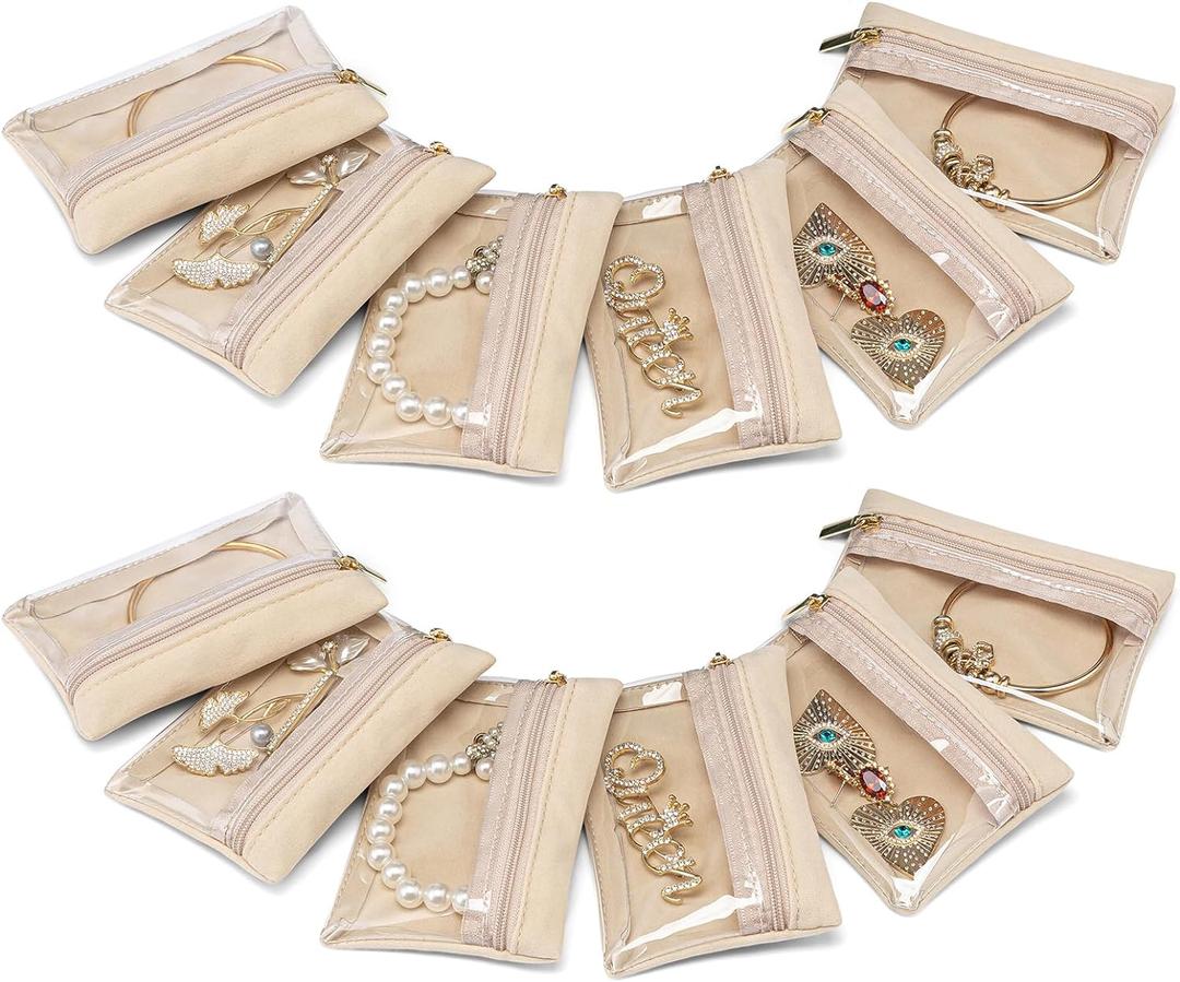 VLANDO Jewelry Travel Case,Travel Jewelry Organizer with Clear Velvet Jewelry Bags Zipper Pouch for Women Girl Gift 12Pcs Bag