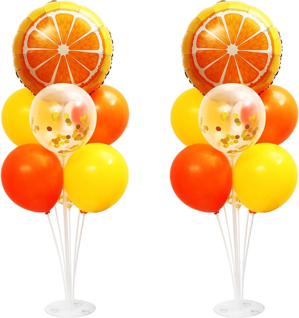 Little Cutie Balloon Stand for Table Centerpiece 2 Sets, 2 Huge Orange Fruit and 14 Orange Yellow Gold Confetti Balloons for Tangerine Theme Birthday Party Baby Shower Decorations