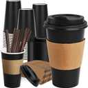 RACETOP 16 oz Paper Coffee Cups, 100 Pack Black Disposable Coffee Cups with Lids, Sleeves and Stirring Sticks, 16 oz Hot Coffee Cup for Hot Drinks, Parties, Picnic, Travel, and Events