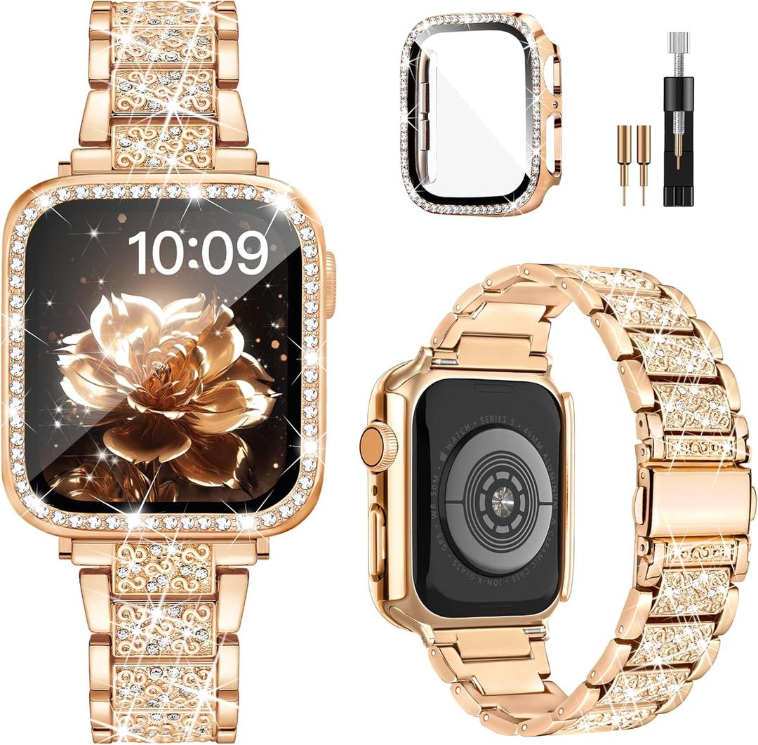 Calina Bling Bands and Case Compatible with Apple Watch Bands for Women 40mm, Jewelry Diamond Metal Bands and Cover, Sparkly Rhinestone iWatch Band & Sturdy Case for iWatch Series 6/5/4/SE, Rose Gold