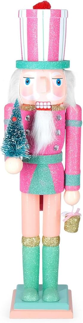 Christmas Nutcracker Ornament 15inch King Soldier Nutcracker Suitable for Table, Fireplace Decoration Christmas Party Supplies (Pink Holding Christmas Tree)