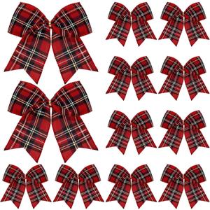 Jetec 12 Pcs Christmas Buffalo Plaid Bows Decorations 6 Inch Christmas Check Plaid Bows Tie Bows Wreaths Ornaments for Xmas Tree Garland DIY Crafts Home Indoor Outdoor Decor (Red, Blue Plaid)