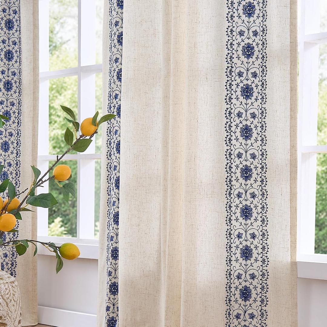 jinchan Weslie Boho Lined Linen Curtains for Living Room Blue Vintage Floral Farmhouse Curtains 108 Inches Long Extra Long Drapes for Bedroom Embroidered Rod Pocket Blue on Beige 2 Panels