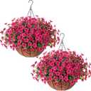 HyeFlora 2 Set Artificial Outdoor Flowers Hanging Basket, Faux Hanging Plants for Outside Spring Decoration, Fake Silk UV Resistant Look Real Daisy for Porch Patio Home Decor