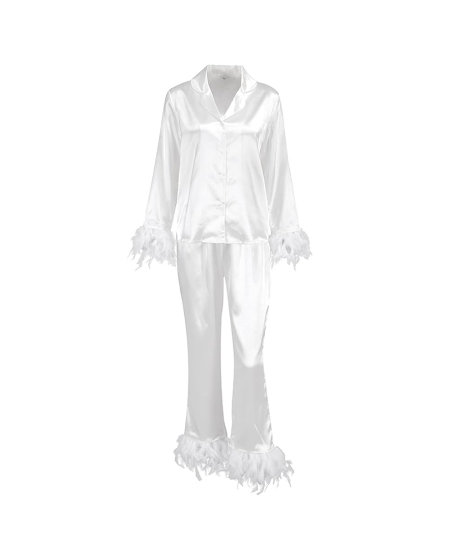Valentine Pajamas Women Plus Size Satin Pajama Set Long Sleeve Button Loungewear Feather Sleepwear Pink L