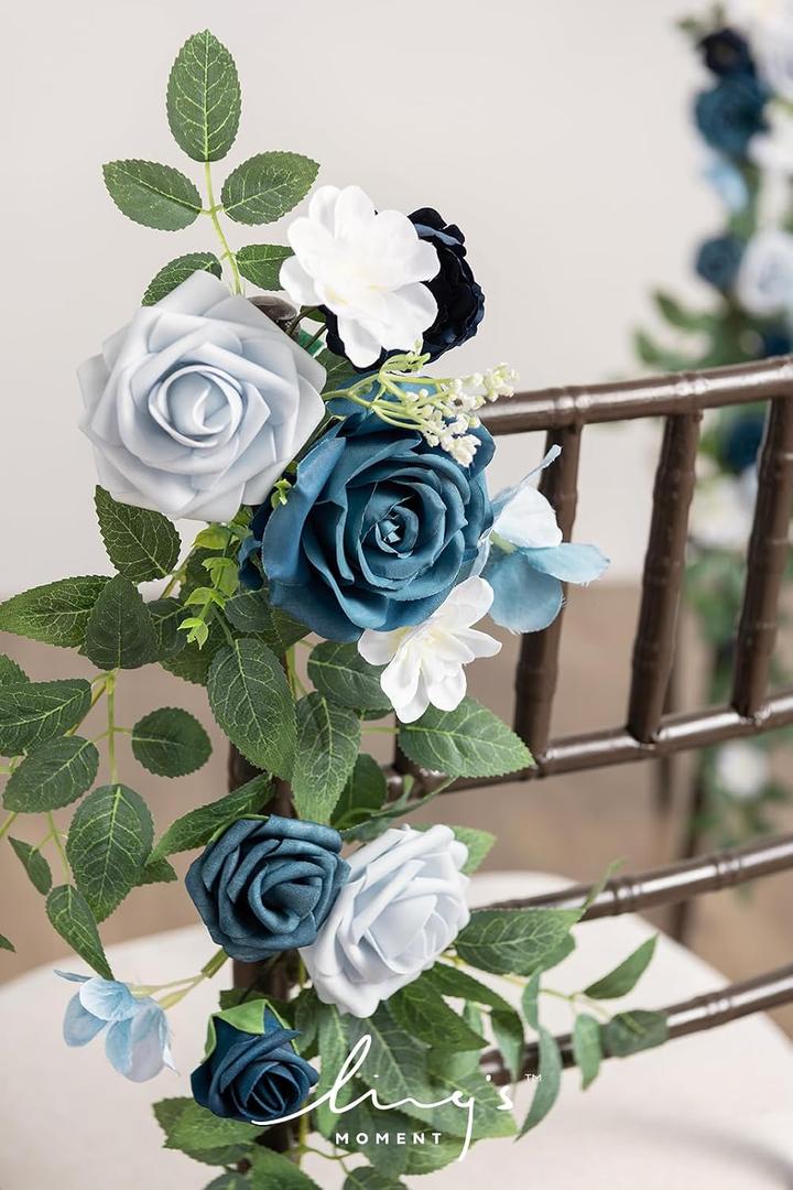 Ling's moment 10pcs Wedding Chair Decorations Aisle Floral Swag Artificial Pew Flowers Hanging Garland Dusty Blue & Navy for Ceremony Reception Church Rose Floral Faux Arrangement Party Outdoor Decor, Each is 30" long