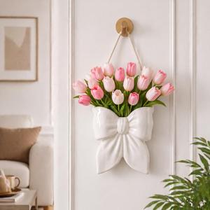 Boho Wall Vase for Flowers Butterfly Bow Wall Planter Ceramic Bow Hanging Vase Flower Pot Spring Coquette Cute Room Decor for Indoor Plants Living Room Home Bedroom Indoor Outdoor(White)