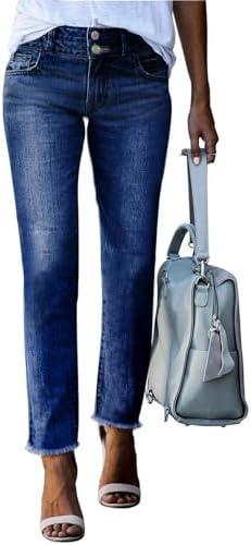 Sidefeel Women's High Waisted Jeans Strechy Fashion Raw Hem Straight Leg Ankle Denim Pants with Pockets size 6