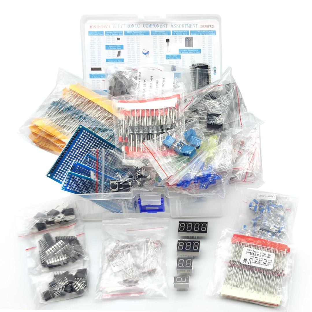 Minidodoca Electronic Component Kit & Total 2038 Pcs, LED Diodes, Metal Film Resistors, Electrolytic Capacitor Package,Diodes, Ceramic Capacitors,IC,PCB,Digital Tube, Common Transistor Assortment Box
