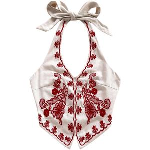 OYOANGLE Women's Floral Boho Summer Halter Crop Tops Embroidery Vacation Tank Top Tie Backless Vintage Going Out Tops,  XL