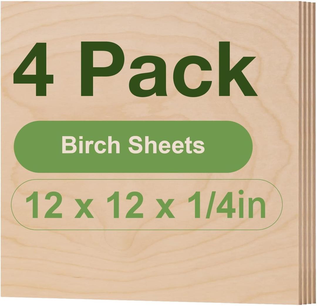 ROBOTIME 4-Pack 6mm Birch Plywood for Laser Cutting -12 x 12 x 1/4 Inch - Laser Engraving Blanks