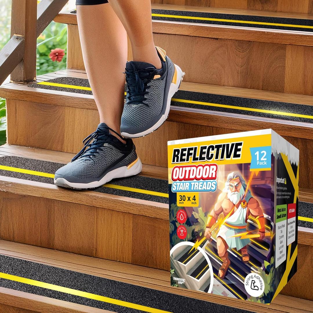 Reflective Grip Tape for Stairs 30" x 4" - 12-Pack Outdoor Stair Treads Non-Slip Weather Resistant - Anti Slip Tape for Exterior Wooden Steps - Waterproof 80-Grit Adhesive Treads by Thunder Grip