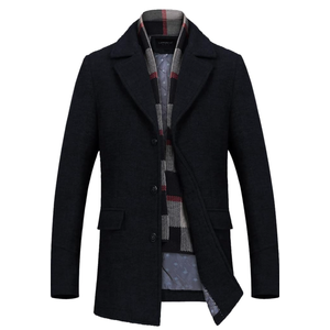 Men's Wool Blend Pea Coat Warm Winter Trench Coat with Detachable Soft Scarf Single Breasted Overcoat