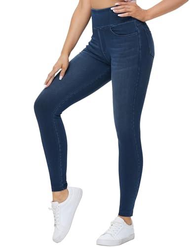 THE GYM PEOPLE Women's High Waisted Jeggings Pants Stretchy Tummy Control Skinny Jean Leggings with Pockets Dark Blue XL
