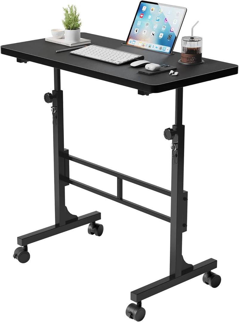Furmax Small Portable Standing Desk Adjustable Height, Mobile Stand Laptop Computer Workstation with Lockable Wheels for Walking Pad Treadmill (Black)