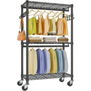 VIPEK R2 Mini Rolling Clothes Rack Heavy Duty Clothing Rack for Hanging Clothes Adjustable Portable Closet Metal Clothes Racks with Wheels Double Rods Side Hooks, Freestanding Garment Rack, Black