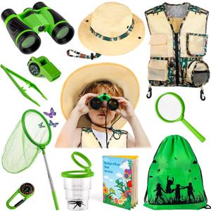 INNOCHEER Kids Explorer Kit & Bug Catcher Kit & Safari Costume Kit, Outdoor Exploration Set with Hat, Vest, Butterfly Net and Bugs Book for Boys Girls 3-12 Years Old (Camouflage Green)