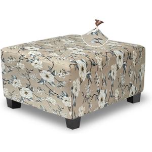 Ottoman Cover Square Slipcovers Printed,Stretch Footrest Stool Cover for Ottoman Square,Soft Foot Stool Cover Protector with Nonslip Elastic Bottom (Medium,Flower)