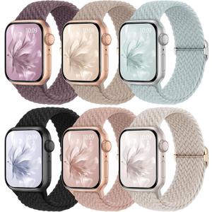 6 Pack Braided Stretchy Bands Compatible with Apple Watch Band 44mm/45mm/46mm/49mm/42mm Women Men, Adjustable Nylon Solo Loop Elastic Straps for iWatch Series 3, 2, 1 (Black/Starlight/Milk Tea/Succulent/Nude Pink/Smoke Violet)