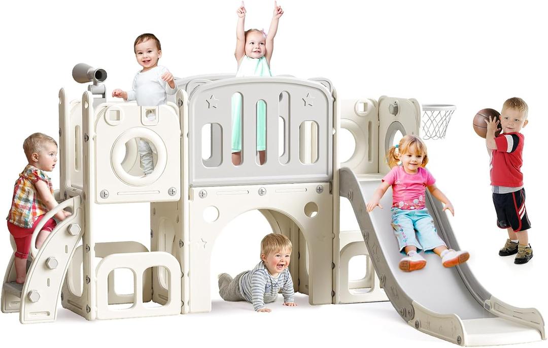 8 in 1 Toddler Slide Set, Kids Slide for Toddlers, Toddler Climber Slide PlaySet with Basketball Hoop,Outdoor Indoor Playground for Toddlers Upgraded Grey, 61x87x41.7 inches