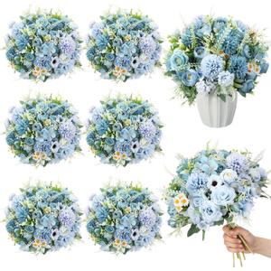 Tigeen 6 Bundles Artificial Bouquet Flowers Artificial Peonies Faux Roses Silk Flowers Hydrangea Bouquet for Wedding Table Centerpiece Floral Vase Decor(Blue)
