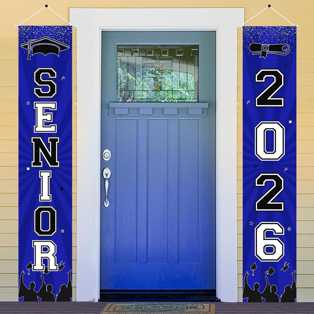 Blue and Black Senior 2026 Porch Sign Banner, Graduation Party Decorations 2026 Senior Door Banner, Class of 2026 High School Congrats Grad Party Supplies for Her or Him Outdoor Indoor
