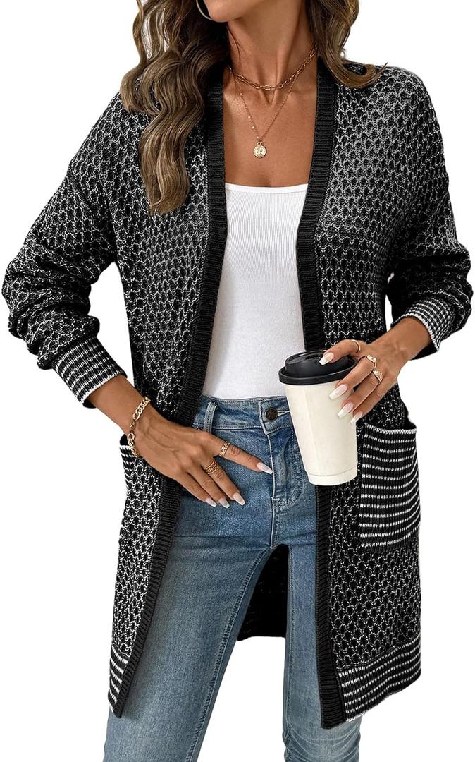 Sidefeel Womens 2025 Fall Outfits Long Sleeve Open Front Cardigan Sweaters Trendy Chunky Hexagon Knit Sweaters Coat (Black, S)