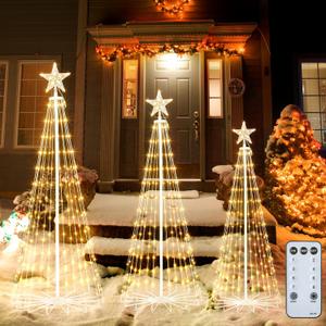Outdoor Christmas Cone Tree Light with Remote, 3Set 4/5/6ft Lightshow Christmas Tree with Star Topper, Dimmable Artificial Christmas Tree for Porch Yard Patio Indoor Christmas Decorations, Warm White