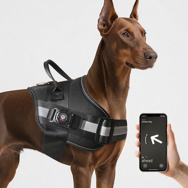Waterproof AirTag Dog Harness, No-Pull Dog Harness with Airtag Holder, Reflective Adjustable Dog Vest Harness with Apple Air Tag Case, Material- Durable Harness for Small Medium Large Dogs (Black, XL)