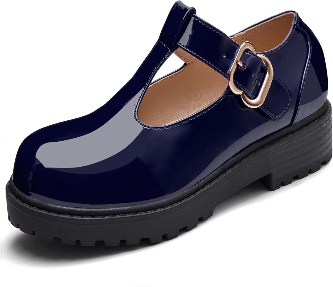 Coutgo Girls Mary Jane Dress Shoes Platform Loafers School Uniform Chunky Heel Closed Toe T-Strap Flats Size: 13 Little Kid
