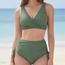 Women's High Waisted Bikini Sets V Neck Twist Front Ruched Bathing Suit Padded Lace Up Back Two Piece Swimsuit (S)