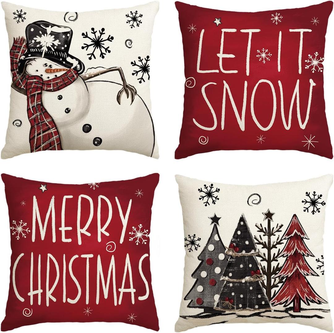 AVOIN colorlife Merry Christmas Snowman Let It Snow Throw Pillow Covers, 18 x 18 Inch Xmas Tree Winter Holiday Cushion Case Decoration for Sofa Couch Set of 4 (Red)