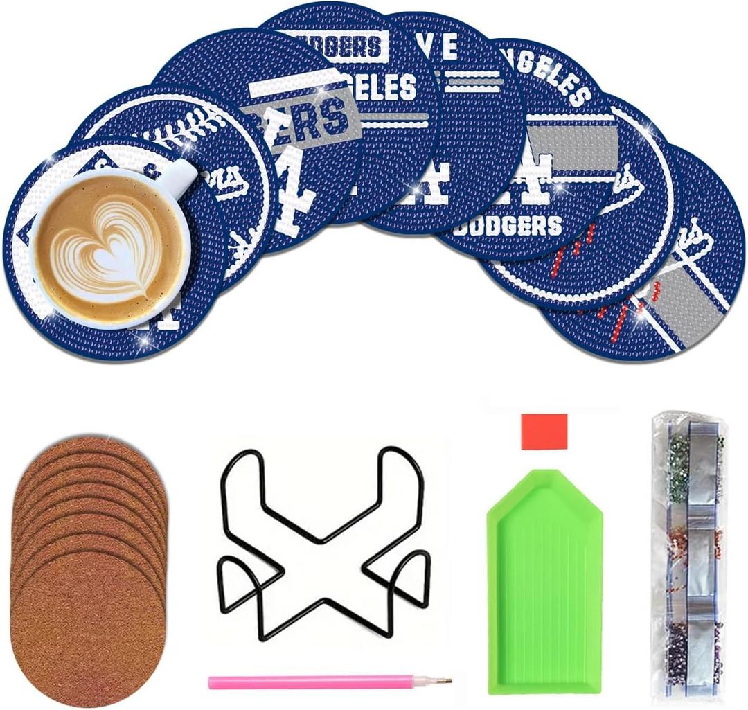 8 Pcs Baseball Diamond Art Coasters Kits with Holder, Diamond Painting Coaster Kits DIY Crafts for Adults Diamond Art Painting Kits Supplies for Los Angeles Gift