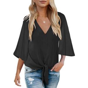 Bluetime Womens Tie Front Tops 3/4 Bell Sleeve V Neck Cute Summer Tops Shirts Casual Chiffon Blouses (Medium, Solid Black)