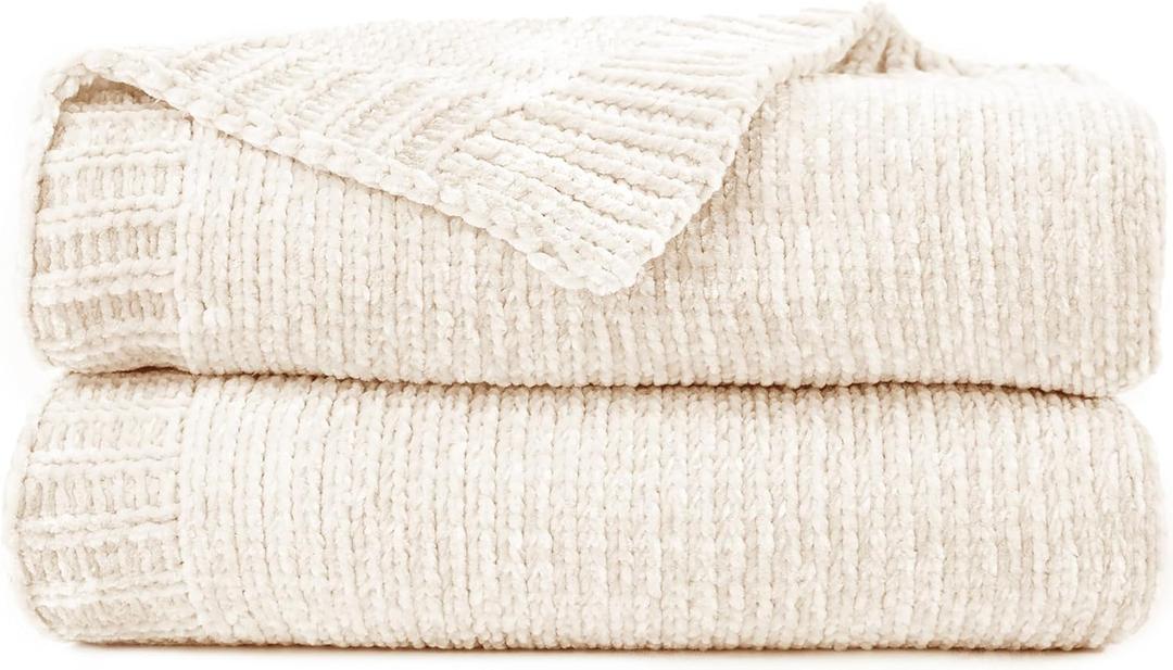 Chenille Throw Blanket for Couch, Cozy Soft Blanket Lightweight Decorative Throw for Living Room Sofa Chair, Stylish Home Decor, Ideal for Gifting, Ivory 50"x60"
