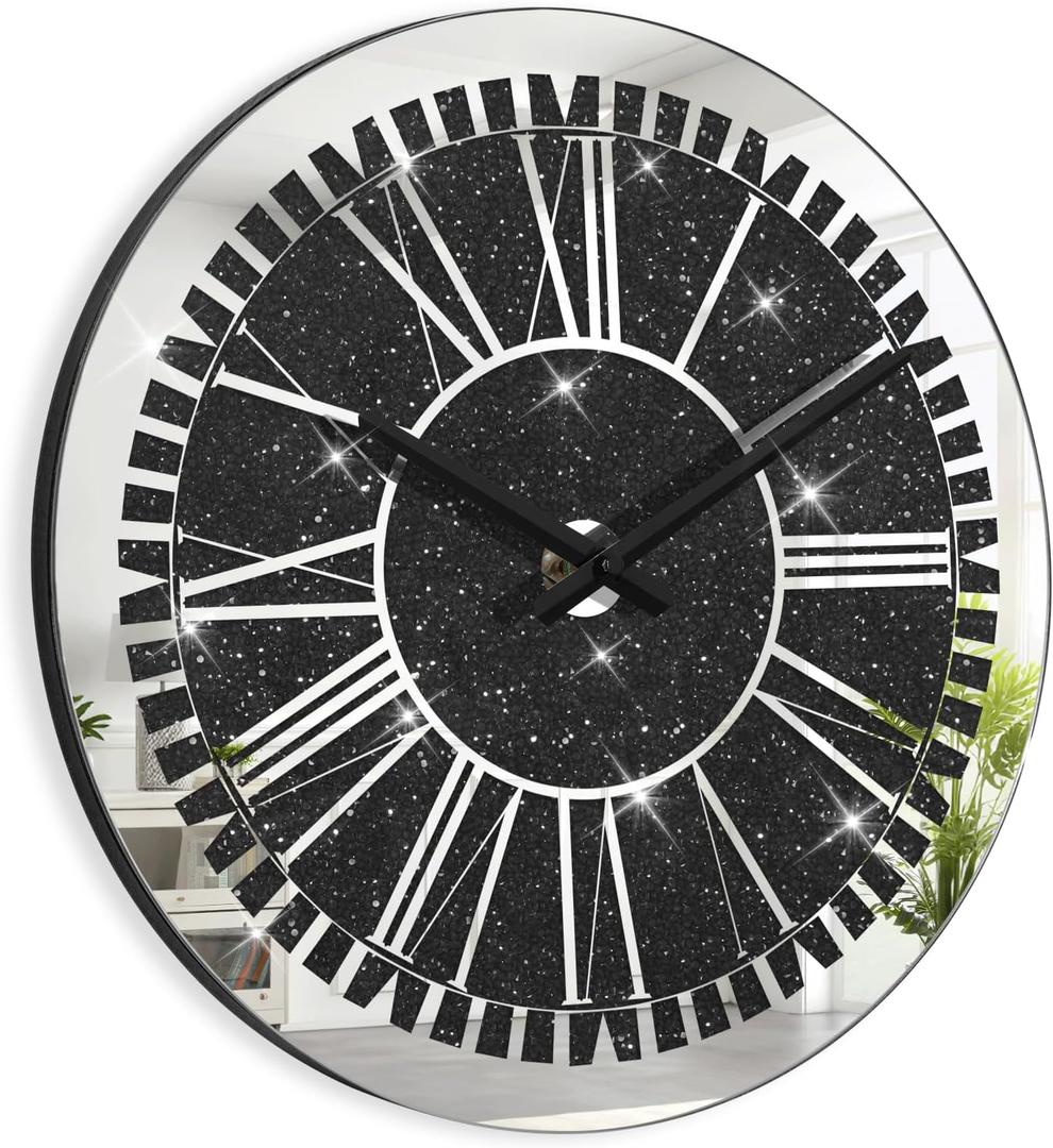 Wall Clock Large Black Crystal Diamond Mirror Wall Clocks Round Wall Clock Battery Operated Modern Wall Clocks for Living Room Decor, 20 inches