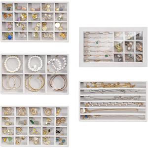 ProCase Jewelry Organizer Tray Jewelry Storage Box, Stackable Velvet Jewelry Drawer Organizer Inserts Earring Holder for Stud Earring Necklace Rings Bracelet -Grey, 5 Layers, Large (Pearl Grey)