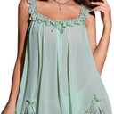 OYOANGLE Women's 2 Piece Mesh Sheer Floral Lace Babydoll Slip Dress Nightgowns and Thong Lingerie Set (Large, Mint Green)