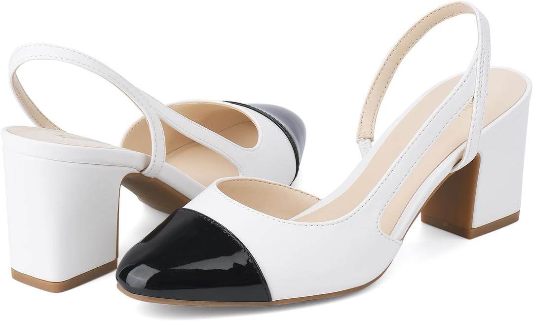 JENN ARDOR Slingback Heels for Women, Classic Low Block Heel Pumps Square Closed Toe Dress Pumps Ankle Strap Splicing Color Chunky Heels Comfort Wedding Shoes 2.5 inch, Size 7.5