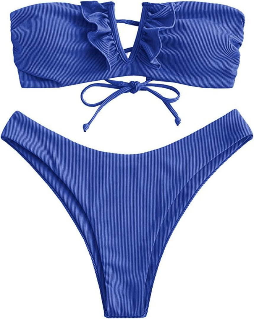 ZAFUL Women's Strapless Ribbed V Wired Lace Up Ruffle Tie High Cut Bandeau Swimsuits Bikini Set (0-royal Blue)