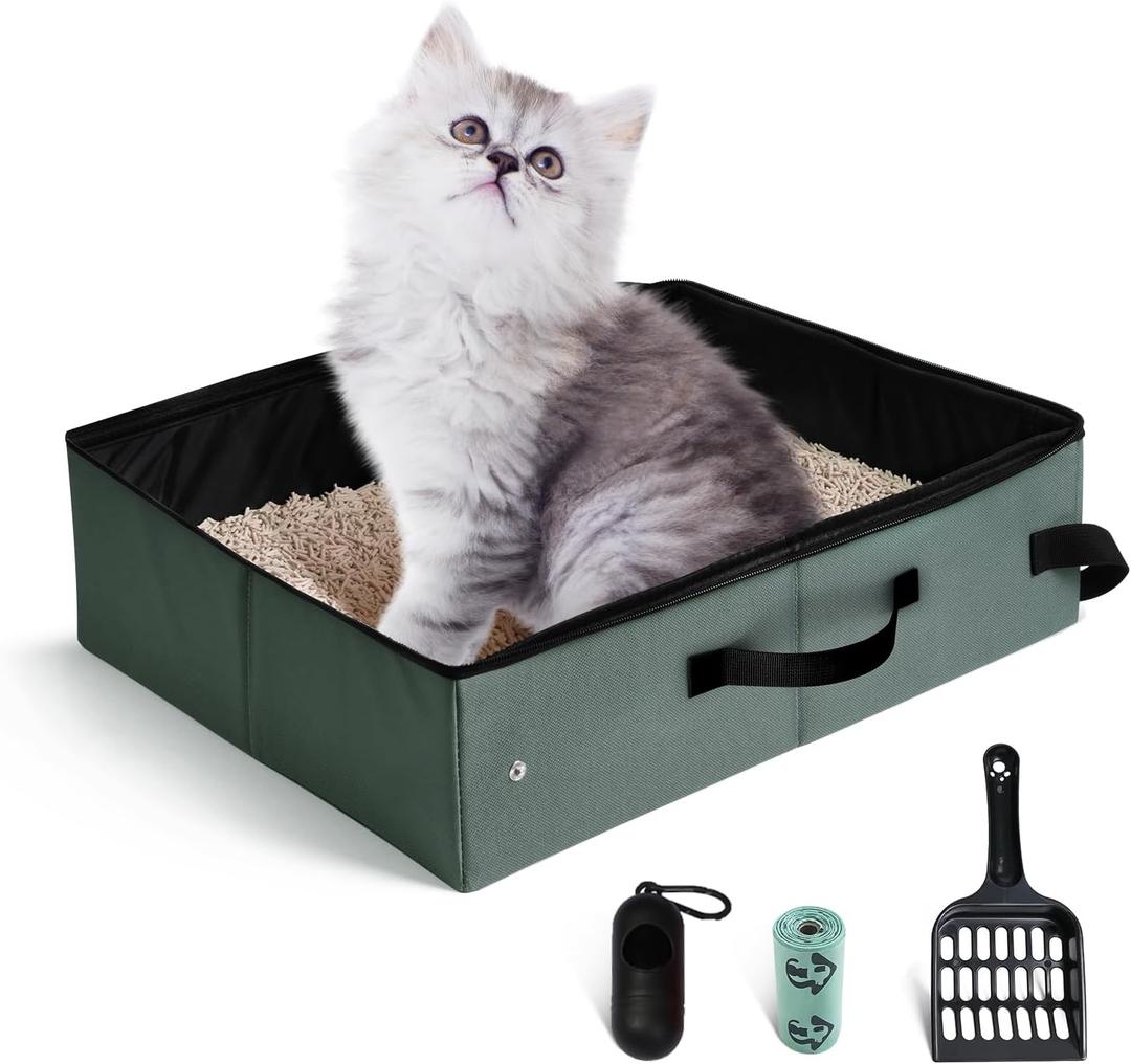 Portable Litter Box for Cats Kitten Foldable Travel Litter Box with Lid, Leak-Proof No Smell Easy to Carry, Clean and Store Easy for Car Travel, Hotle Stays and Road Trip 16x12x4.3inches (No lid) (Medium)