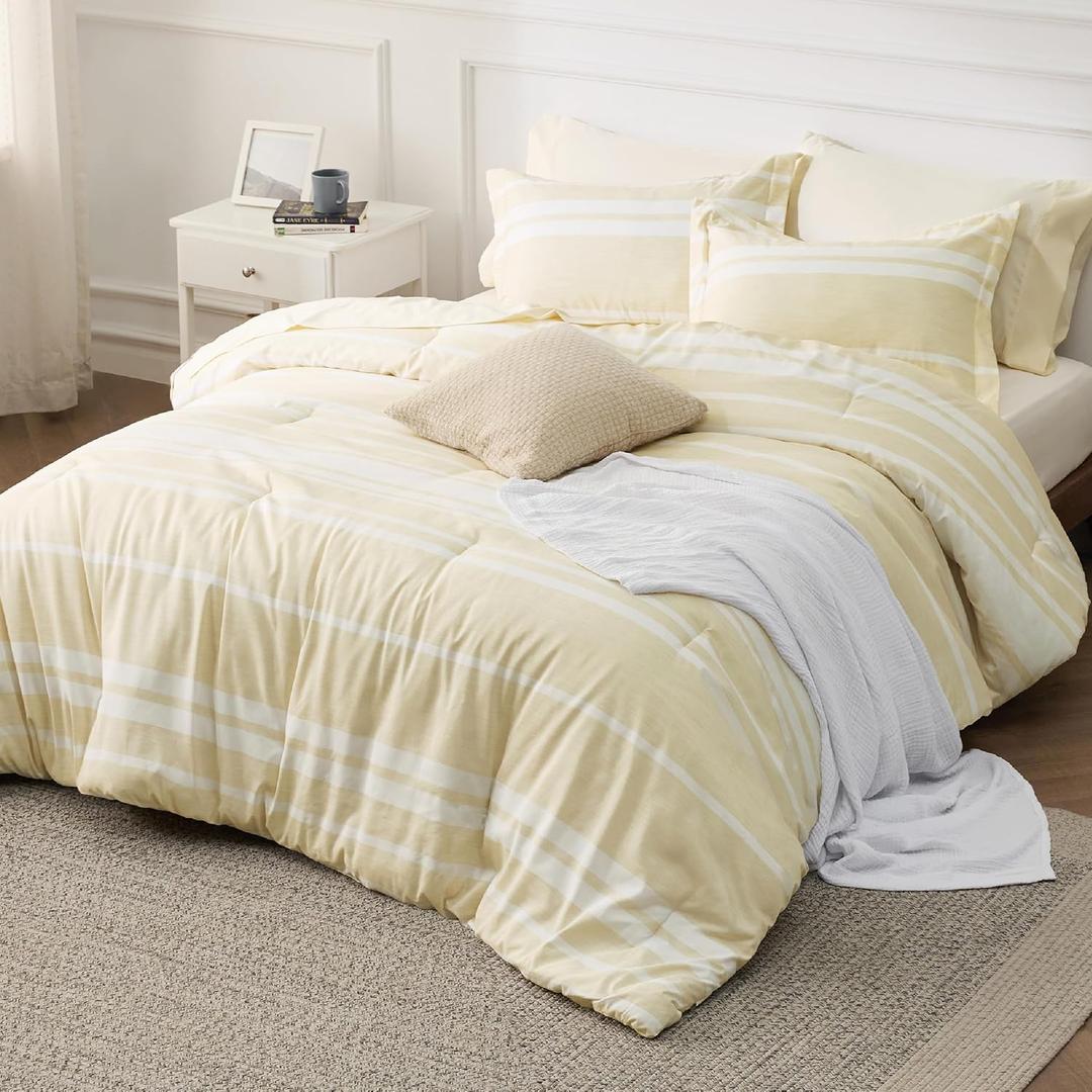 Bedsure Full Comforter Set 7 Pieces, Beige Striped Bedding Set for All Seasons, Reversible, Cationic Dyeing Bed in a Bag with Comforter, Sheets, Pillowcases & Shams