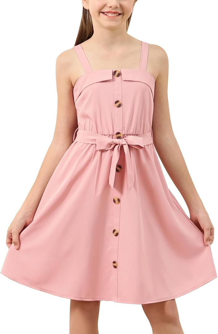 GORLYA Girls Front Button Down Summer Sundress Casual A-Line Spaghetti Strap Belted Midi Dress 6-14Y (Pink)