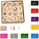 HRJZF of 24 Pcs Rubber Stamp and Craft Ink Set 16 Pcs Wooden Rubber Stamps 8 Pcs Ink Pad for Craft DIY Card and Scrapbooking